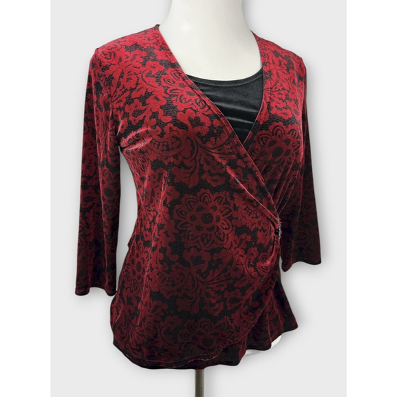 Choices Velvet Faux Wrap Blouse Lined Top Red Black Goth Vamp Whimsigoth Large - Picture 4 of 16